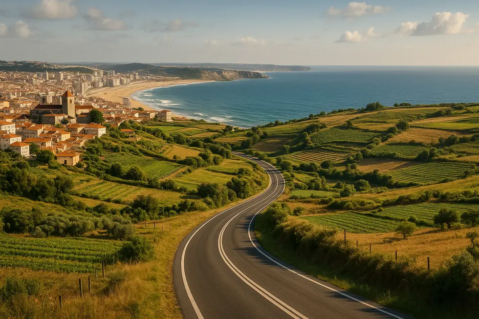 A panoramic image showcasing Portugal's diverse landscapes, including cities, coastlines, and countryside with a road.