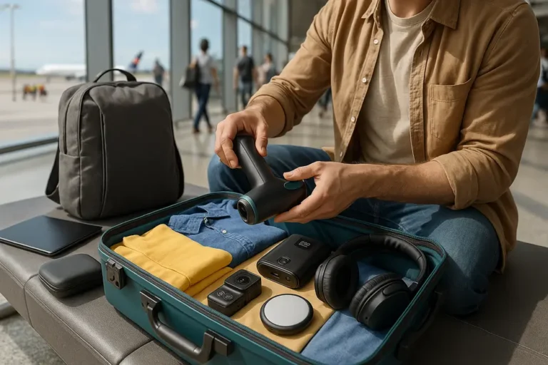 A traveler organizing a suitcase with cutting-edge 2025 travel gadgets, emphasizing smart packing.