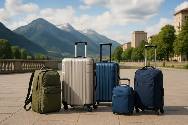 Various styles of luggage shown in different travel settings, from adventure to family travel.
